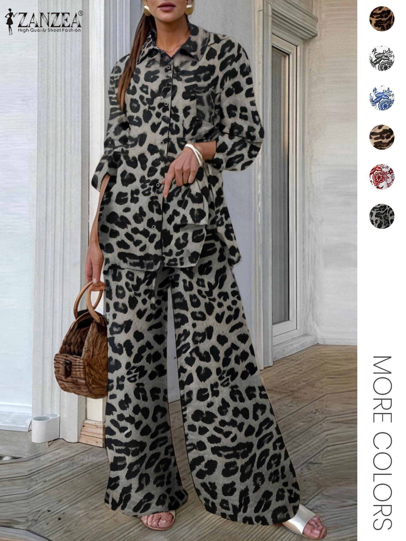 Two-piece Set Women's Leopard Print Button Front Shirt & Elastic Waist Wide Leg Pants, Casual Long Sleeve Pocket Collared Top & Tie Front Trousers for Daily Wear, Ladies Fall & Winter Clothes, Flared Pants Set