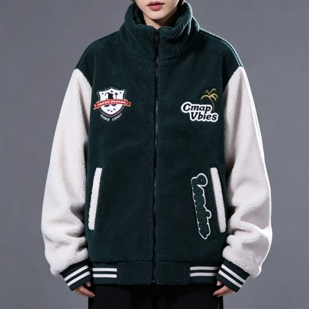 Men's Varsity Jacket, Loose-Fit Color Block Sherpa Fleece Coat with Embroidery, Stand Collar, Wind Lock Full Zip, Medium Length, Machine Wash, All Seasons, Embroidered, Loose-Fitting