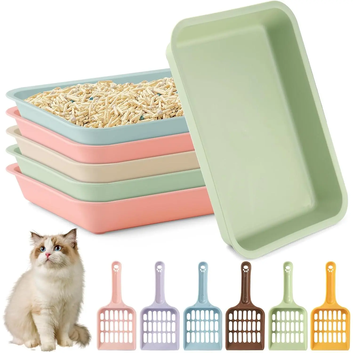 6 Pcs Kitten Small Litter Box Set, Color Plastic Kitten Litter Pan with 6 Scooper Travel Toilet for Small Pet Kitty Bunny Guinea Pig, 14.25 x 10.23 x 1.88 Inch