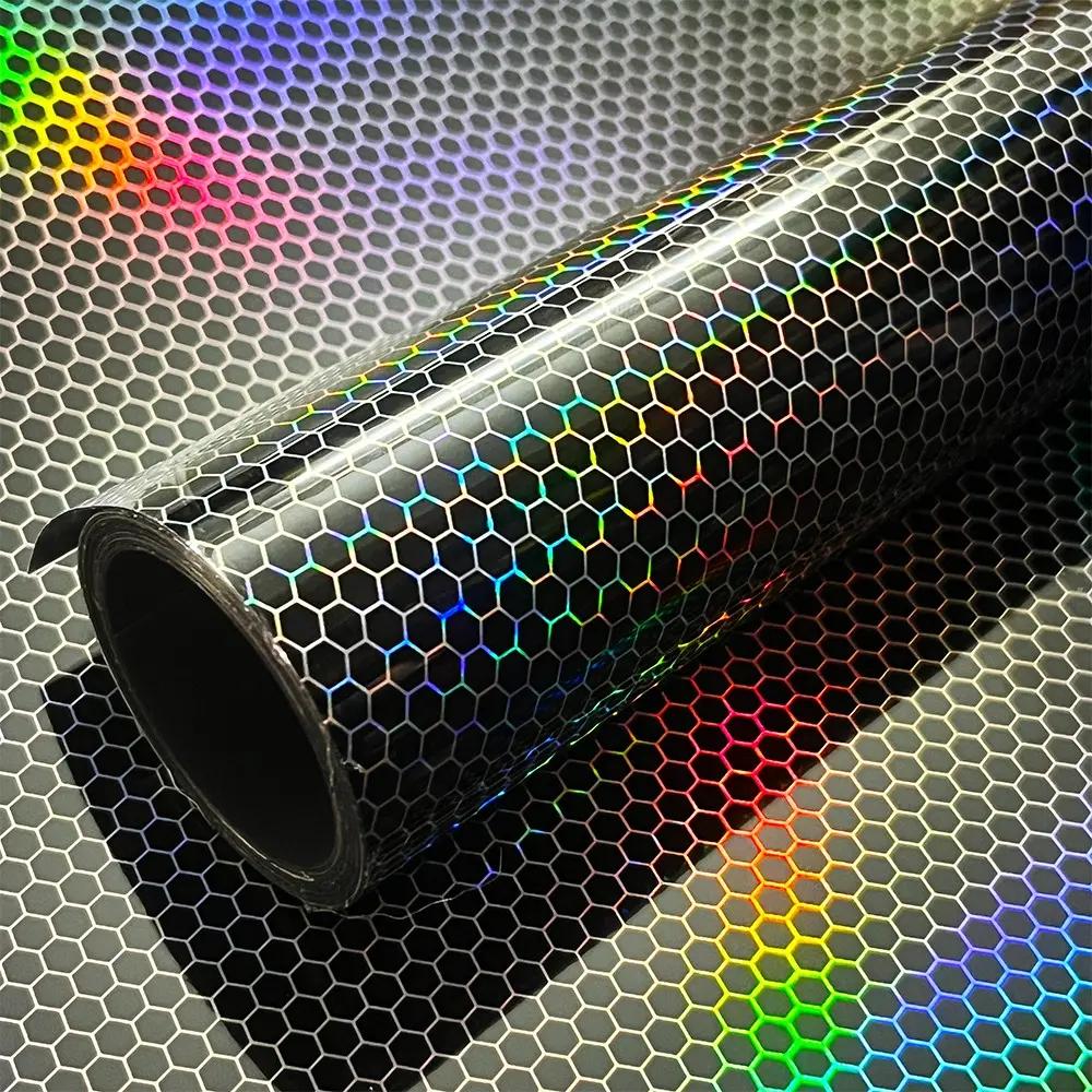 Premium PET Glossy Rainbow Chrome Holographic Hex Honeycomb Black Vinyl Wrap Film With Air Release Self Adhesive Car Motorcycle Foil Roll Sticker Decal Car Stickers
