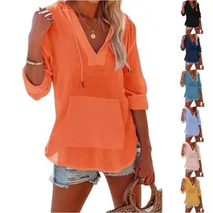 Imily Bela Women's Beach Cover Up hoodies sweatshirt Long Sleeve V Neck Pocketed Hooded Shirt Top Casual