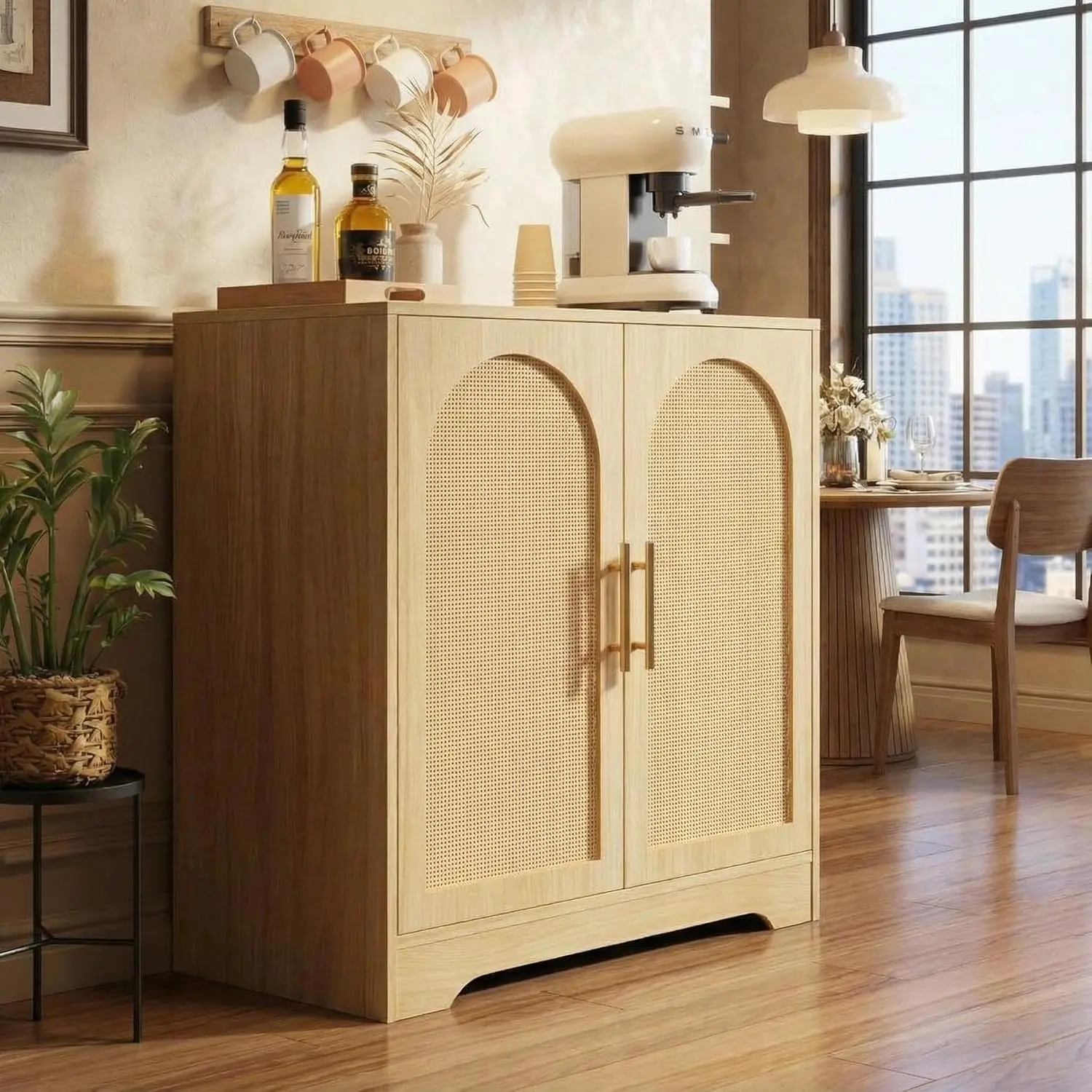 Sturdy Rattan Sideboard Buffet Cabinet - 2 Doors, Metal Handles, Fixed Shelves, Secure Anti-Tip, Engineered Wood-Wood Build, Durable, Assembly Required - Modern Boho Storage Console for Living Room, Dining Room