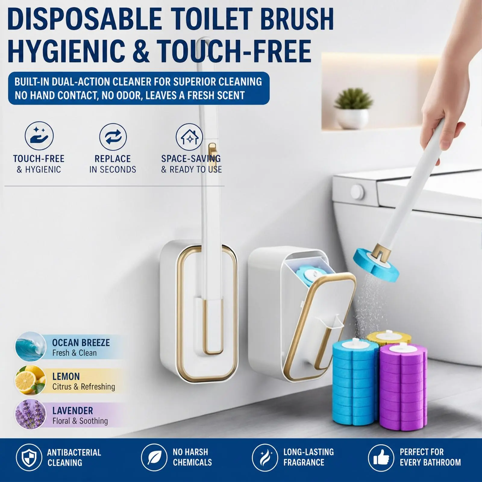 Household Disposable Toilet Brush Set with Flower Sponge Refill Heads, Built-In Cleaner, Wall-Mounting Holder, Deep Clean Tech, Dead Corner Elimination, Space-Saving Bathroom Solution