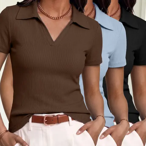 Women's 3-Pack Ribbed Knit Short-Sleeve Polo Tops, Business Casual Fitted T-Shirts for All-Season Wear, Plain and Unlined