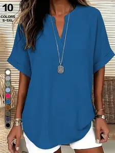 2026 European Style V-Neck Textured Short Sleeve Shirt, Summer Loose Fit Medium-Length Top, Conceals Fatigue, Casual Versatile T-Shirt