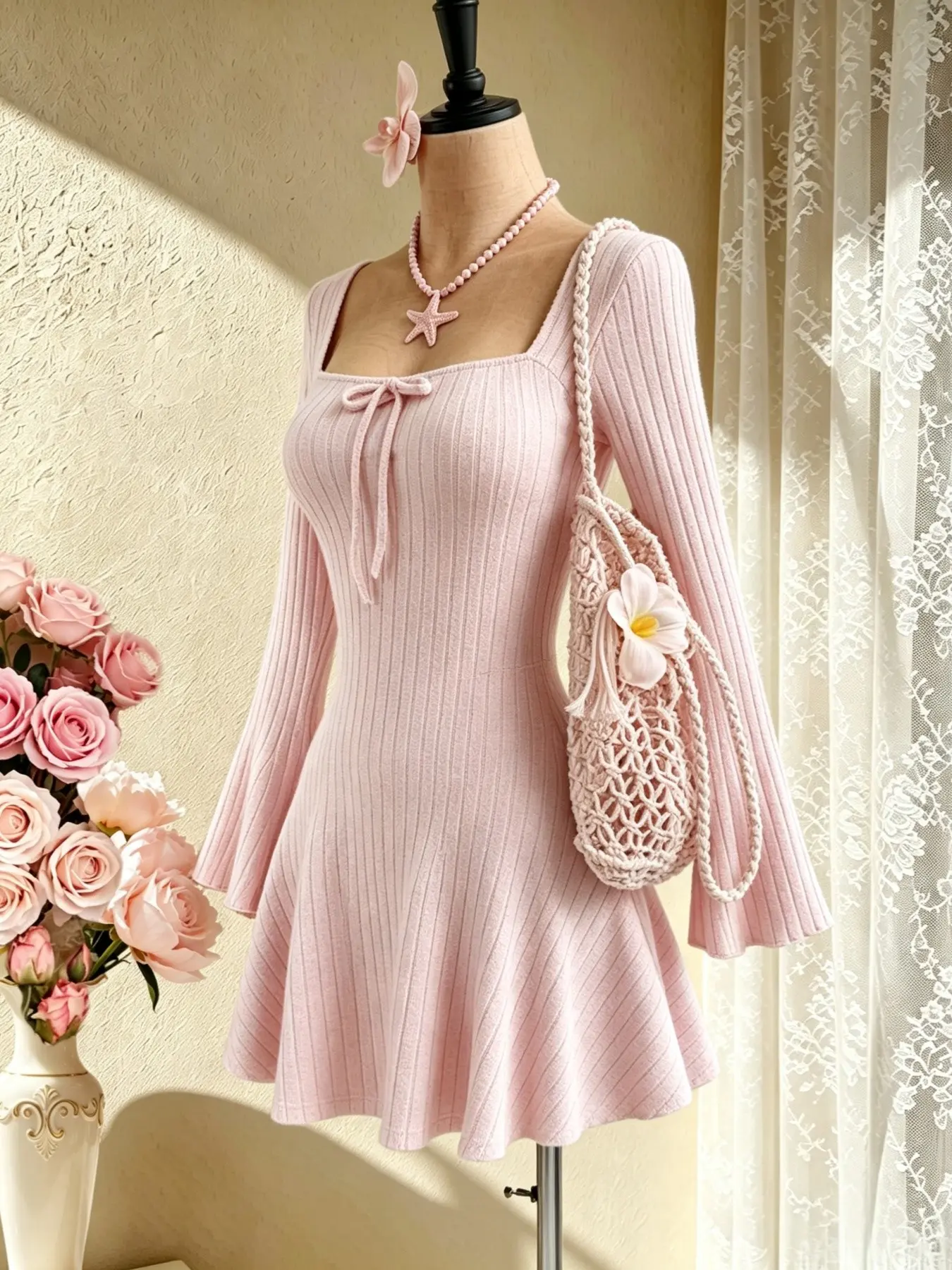 American Retro Casual Wear Knit Dress, Solid Color Square Neck, Warm Long Sleeve, Butterfly Knot Decoration, Elegant A-Line Dress