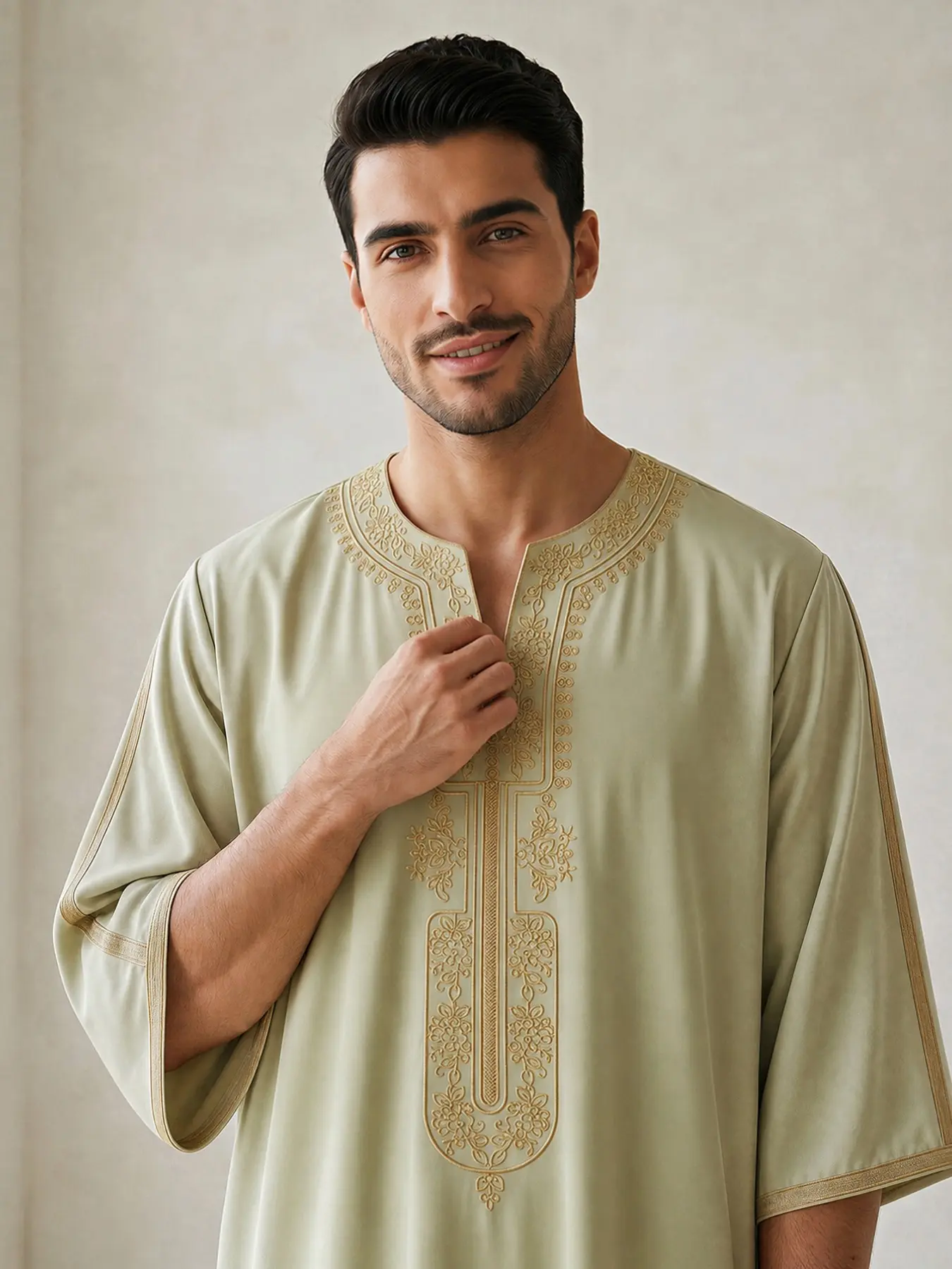 Moroccan Traditional Men's V-Neck Embroidered Long Robe, Traditional Arabic Robe, Modest Muslim Thobe, Loose Fit Jubba, Jubba Thobe, Modesty Thobe, Islamic Thobe, Cool Daily Wear, Eid Al Adha Festival Costume, Perfect Gift for Friends and Family