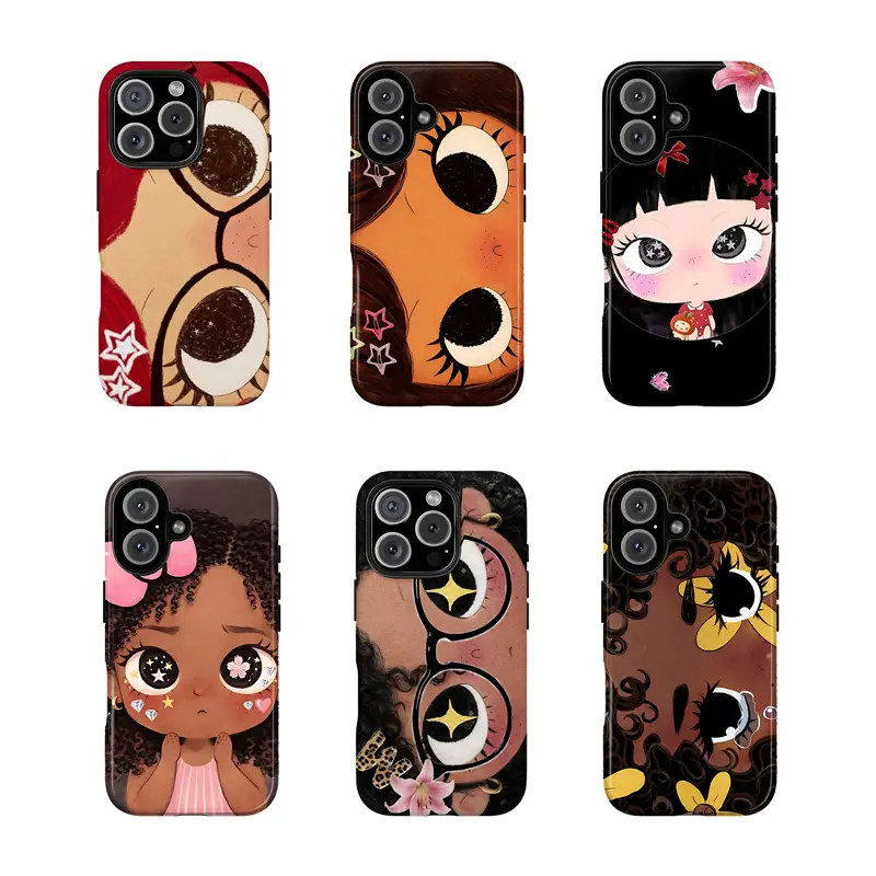 [No magnetic] Coquette Big Eye Diverse Skin Tone Cartoon Girl Phone Case,Aesthetic durable phone Cover,for iPhone 17 16 15 14 13 12 11 8 7 for Samsung Series,Shockproof Protective Dual-Layer design phone case,cute phone Cover,perfect gift for girl