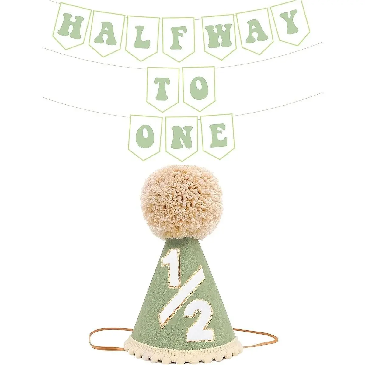 2pcs Half Way to One Pull Flag Hat Set, Male 1/2 Birthday Hat and Pre-Worn Half Birthday Party Banner, Suitable for Six Months Celebration Decorations