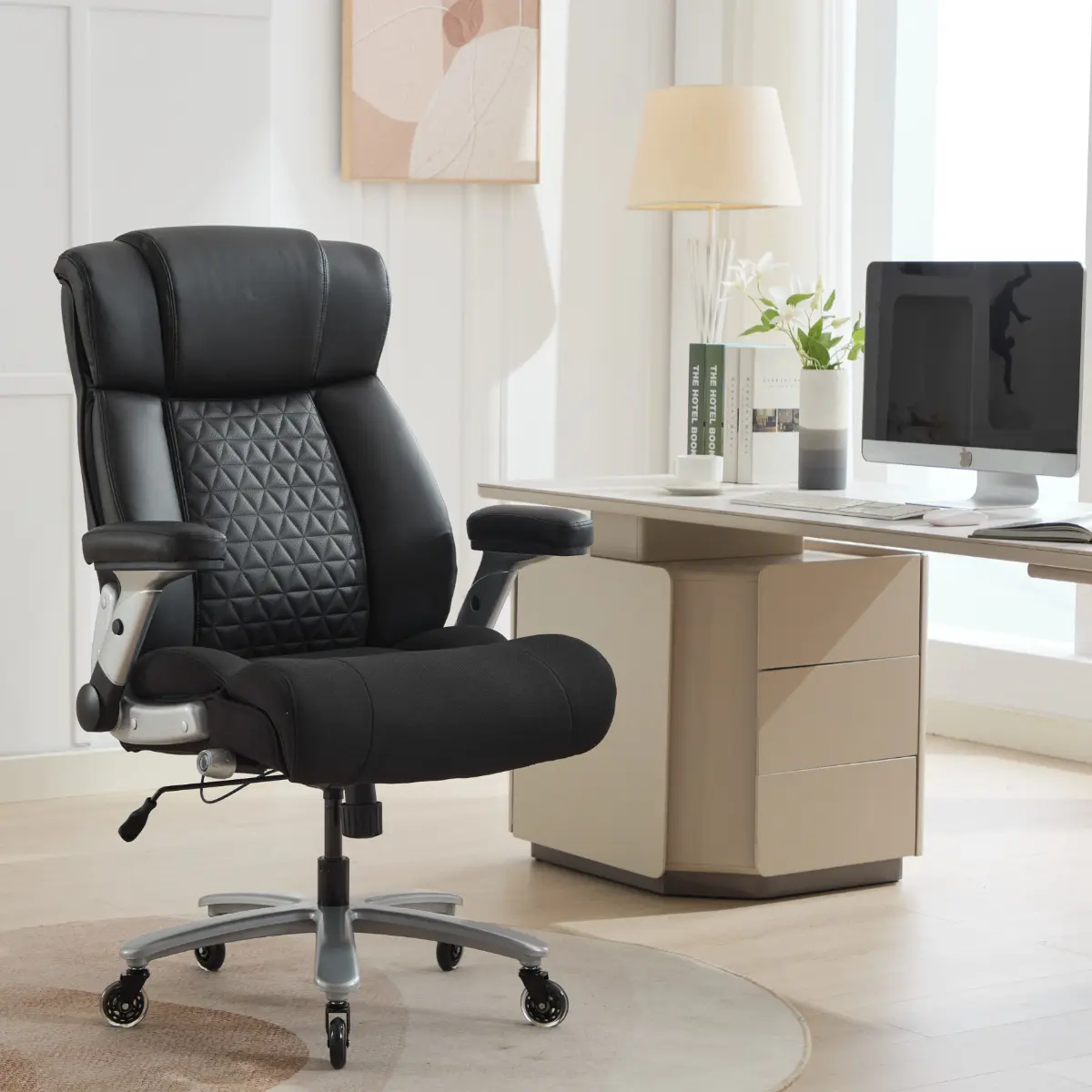 Office Chair Large Wide Seat Leather Ergonomic Adjustable Waist Support Flip Armrest, Leather Mesh Heavy Chair
