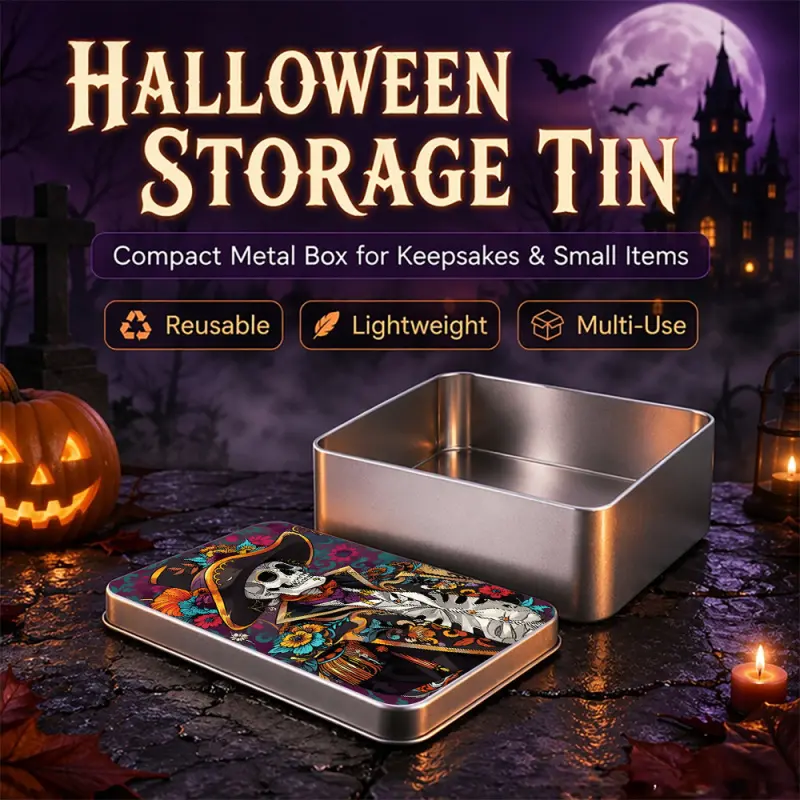 Vintage Cowboy Skull Floral Metal Storage Tin Box, Lightweight Reusable Multi-Purpose Metal Container, Compact Decorative Tin Case for Candy Jewelry Trinkets, Gothic Skeleton Print Storage Box, Halloween Party Decor & Holiday Gift for Family Friends