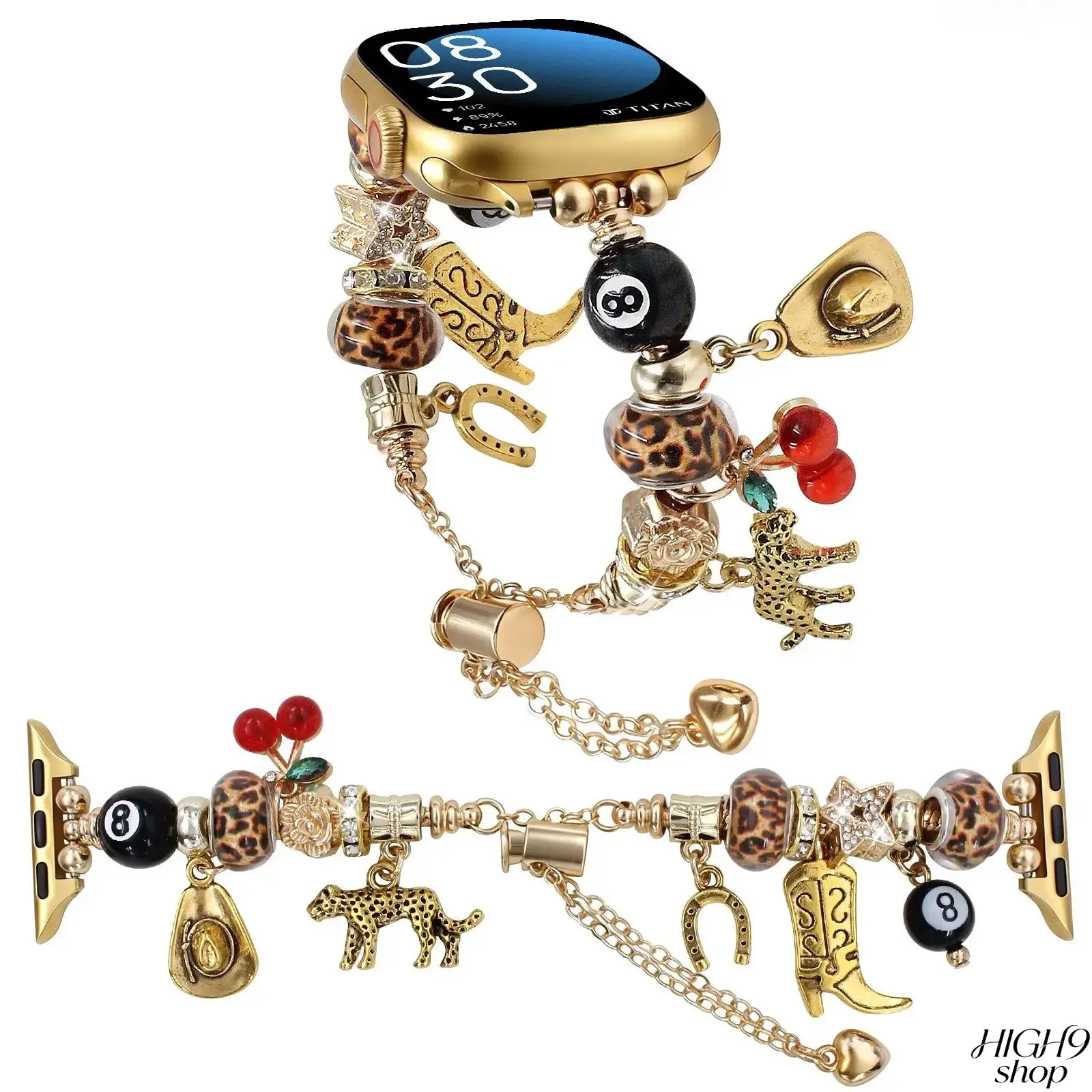 Western Style Leopard Print Multi-Strand Beaded Metal Smartwatch Replacement Strap - Game Accessories with 8 Billiard Ball Charms, Layered Texture, Fits Almost Every Wrist, Vintage Daily Casual Wear Accessory (All Sizes)