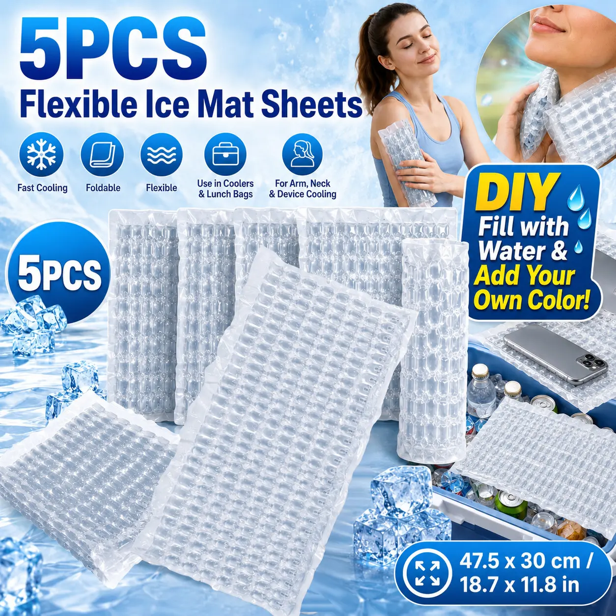 5Pcs Reusable Freezable Ice Mat Sheets, Foldable Flexible Ice Packs for Coolers, Lunch Bags and Fresh Food Storage, Slim Freezer Cooling Sheets for Picnic, Camping, Grocery Trips, Fishing, Travel and Cooler Boxes, Keep Food Fresh Longer