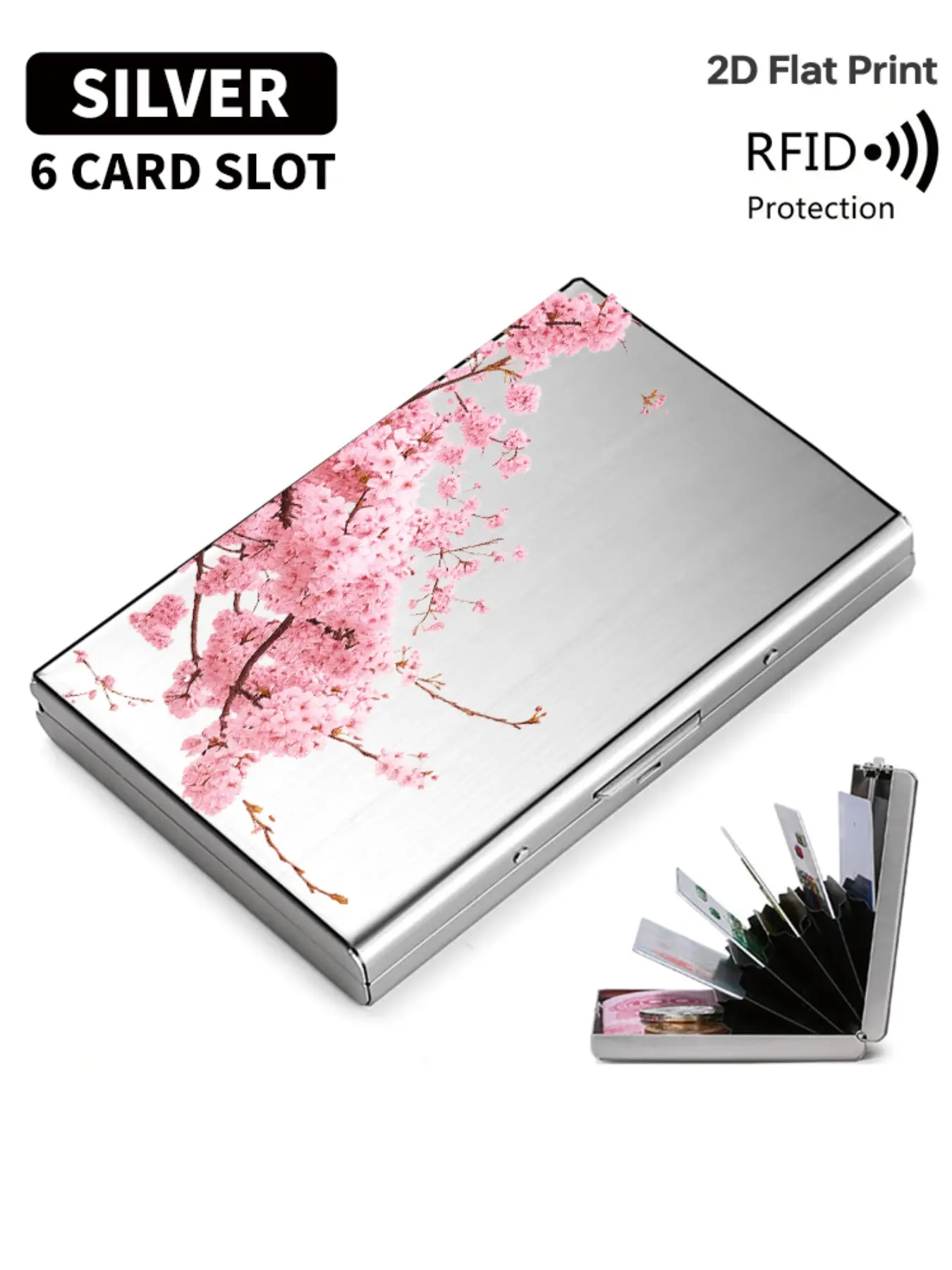 Cherry Blossom Pattern Rfid Multiple Card Slots Metal Card Holder, Multi-Layer Stainless Steel Design, Ultra-Thin Magnetic Closure, Perfect Gift for All Seasons