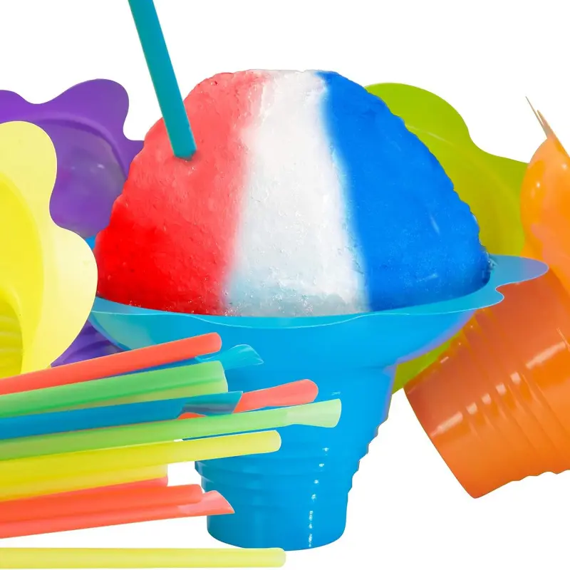 10-Pack Reusable 4oz Plastic Flower Snow Cone Cups with Straws, Colorful Drip-Catching Bowls for Shaved Ice, Birthday Parties, Summer Cookouts (Disposable Tableware)