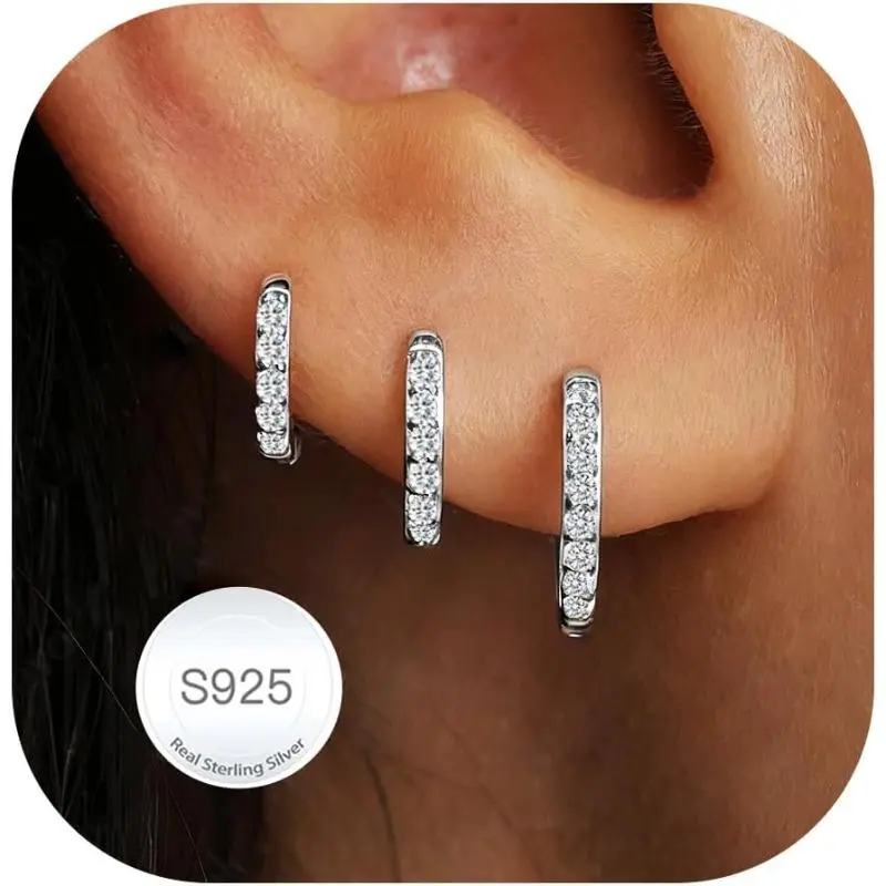 3 Pairs 925 Silver Compact Huggie Hoop Earring Set, Hypoallergenic Cartilage Stack Earrings for Multiple Piercings, Non Tarnish Fashion Piercing Jewelry for Gifting