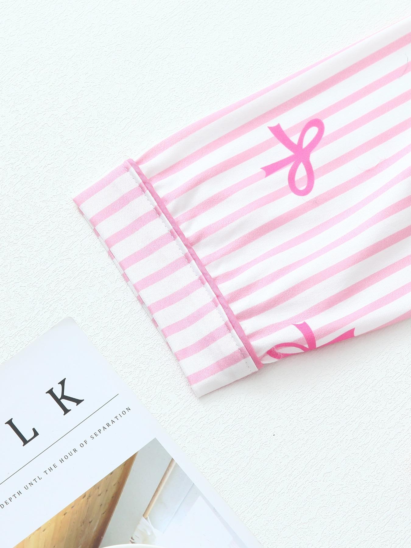 【Valentine Pajamas】Two-Piece Set Women's All Over Bow Print Button Front Shirt & Pants Pyjama, Casual Comfy Long Sleeve Lapel Neck Top & Trousers PJ Set, Women's Sleepwear for Spring & Fall