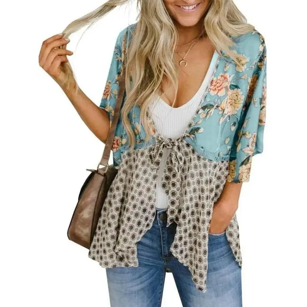 Women's Boho Floral Patchwork Cardigan Top - 3/4 Sleeve, Tie Front, Loose Flowy, Beach Coverups, Casual Cover Up, Swimwear Coverups for Spring Summer Cottagecore Chambray Shirt with Trim