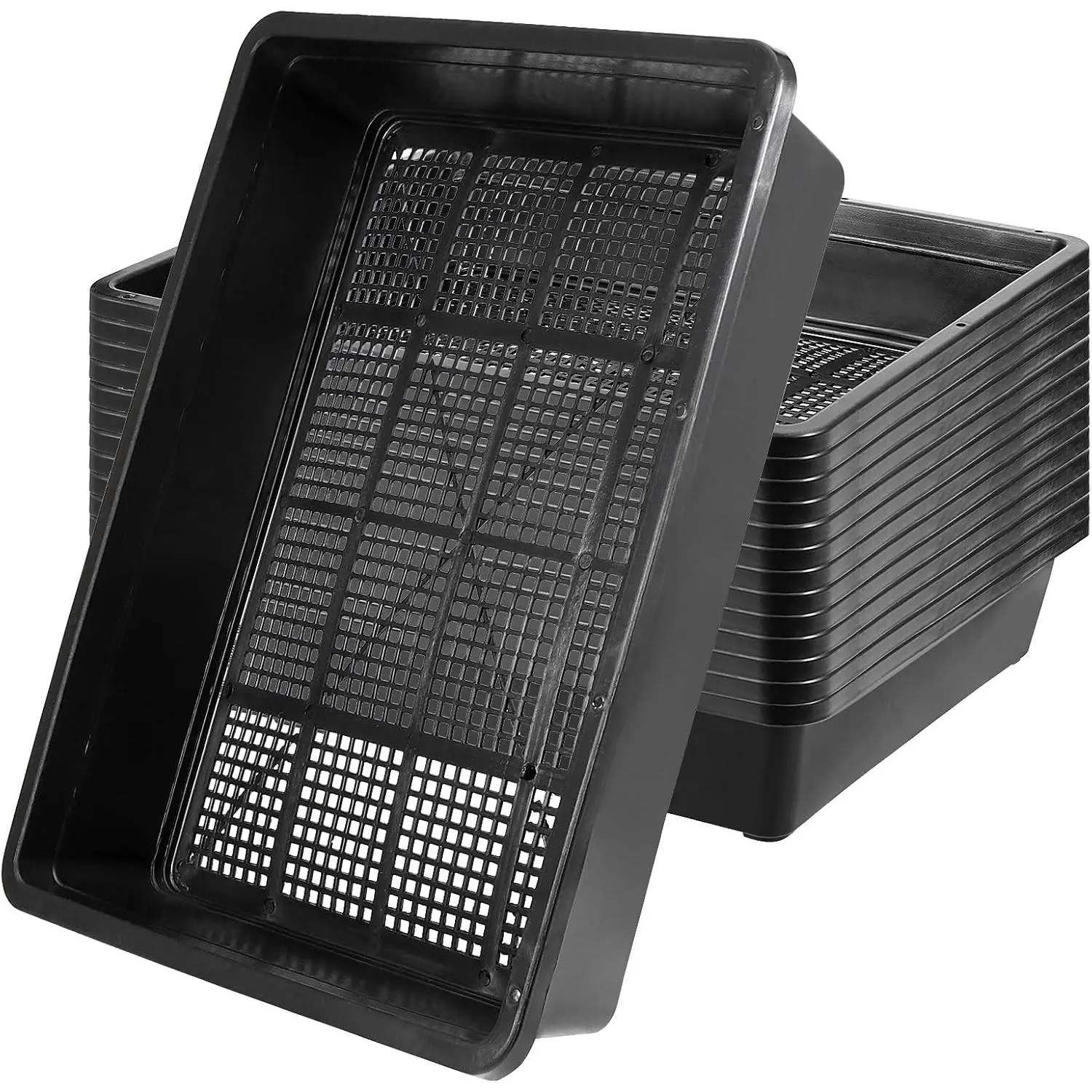 14 Pack 15 x12 Inch Seed Starter Trays, Plastic Mesh Bottom Growing Trays,  Germination Trays for Microgreens, Soil Blocks, Wheatgrass, Hydroponic and Fodder Systems, Black