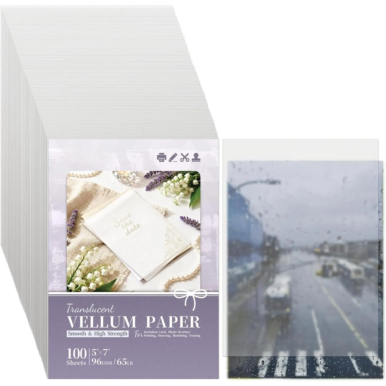 5X7 Vellum Paper Printable Translucent Tracing Paper for Invitations, Photo Card Overlays, Save the Date Cards Sketching, Drawing