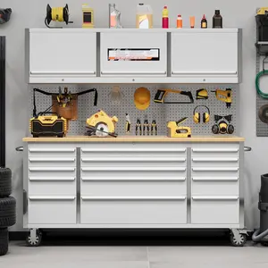 72-Inch Stainless Steel Tool Chest with 15 Drawers, Mobile Storage Cabinet with Integrated Handle & Secure Locking System, Sturdy High-Capacity Organizer for Indoor DIY Enthusiasts’ Workshop & Garage