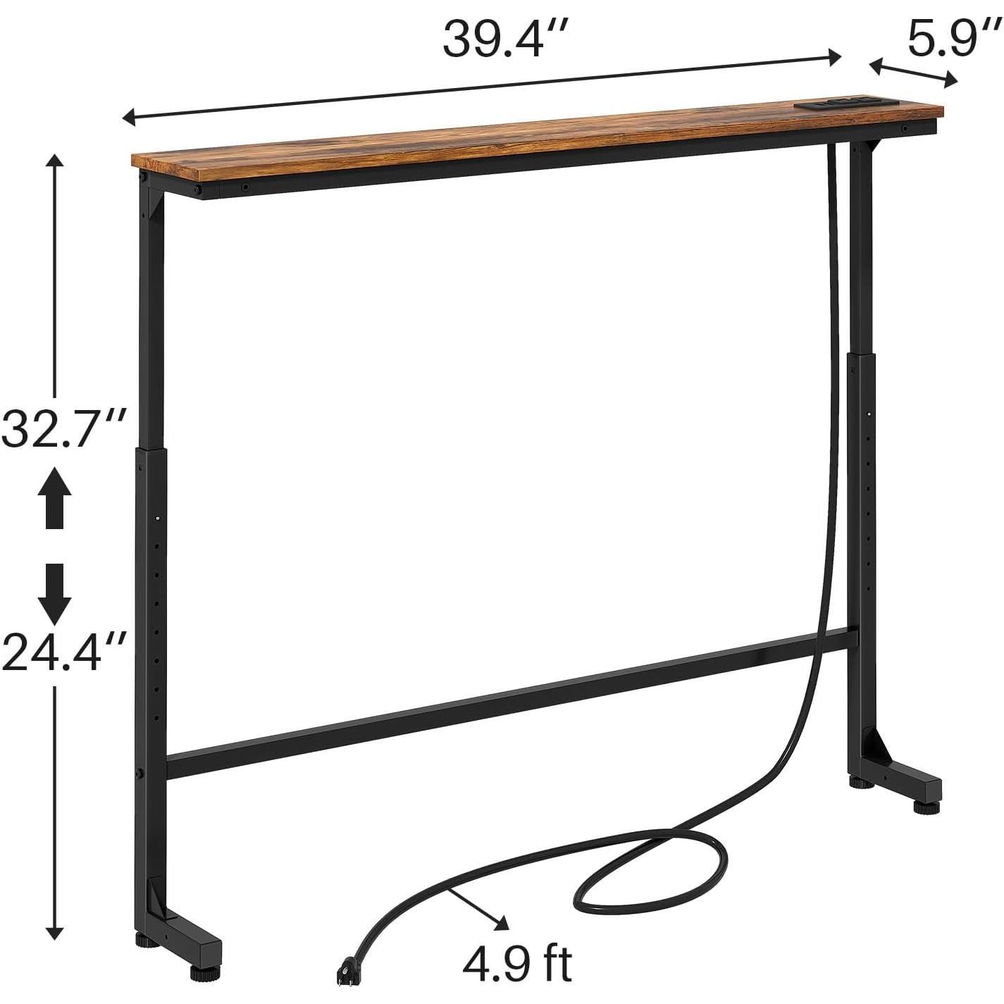 Rustic Brown Narrow Console Table Behind Sofa Couch, Design with Adjustable Height (25"-33") & Built-in Power Outlets, Includes 4.9' Power Cord - 5.9" D x 79" L