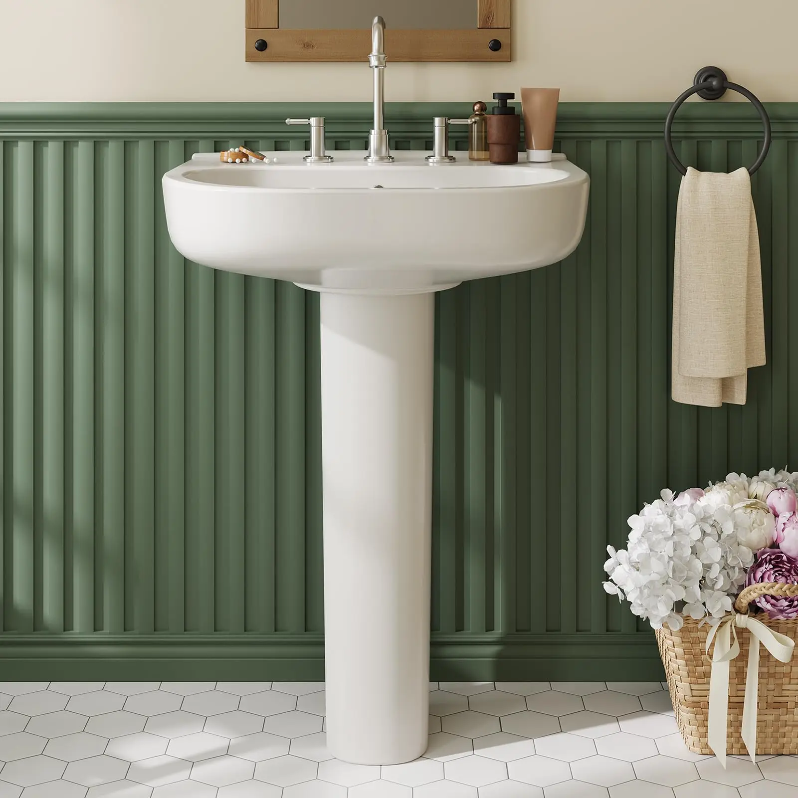 22" W x 17" D Pedestal Sink – White Ceramic Rectangular Bathroom Vanity with Overflow – Bathroom Pedestal Sink with 3 Pre-Drilled Holes for 8" Wide Faucets