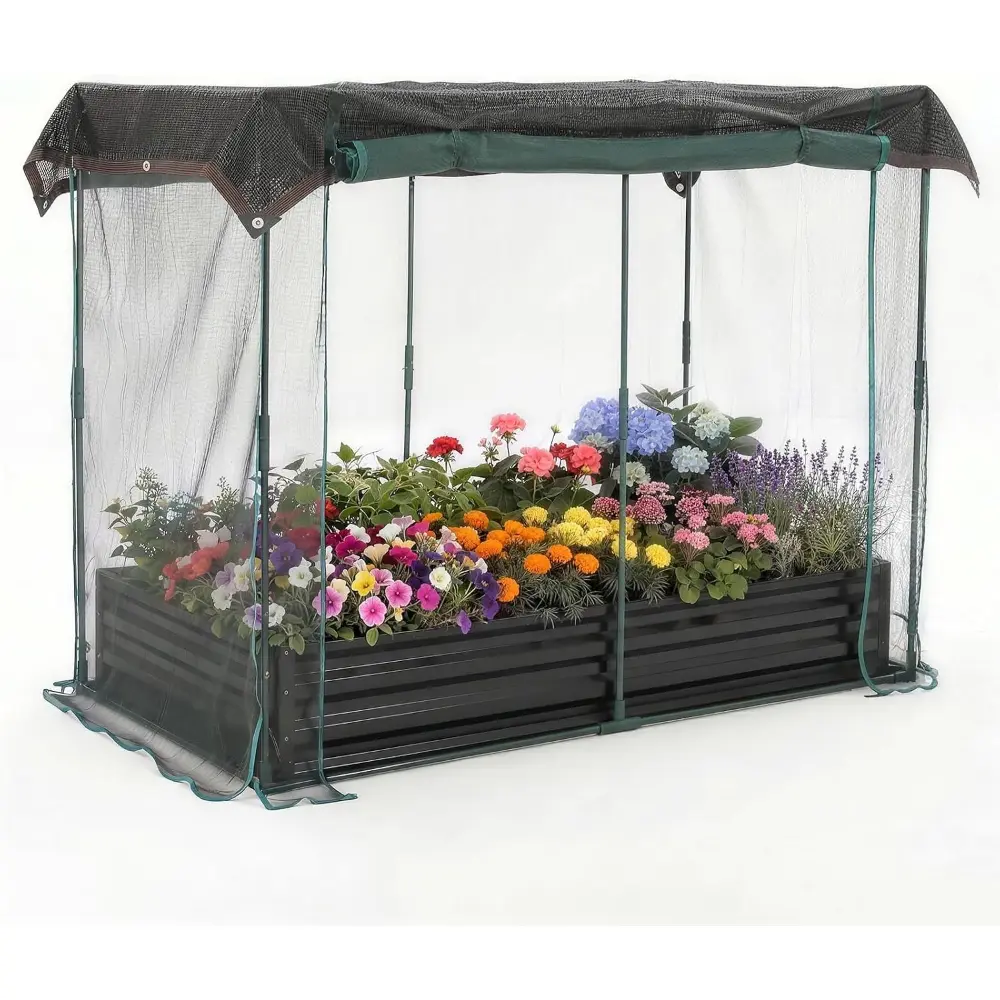 Galvanized Steel Raised Garden Bed, 8×4×1ft Metal Planter Box with Metal Frame Crop Cage, All-Round Plant Protection System, Sun Protection Shade Cloth Roof, Plant Net, Zippered Doors for Easy Access, Outdoor Vegetables, Herbs