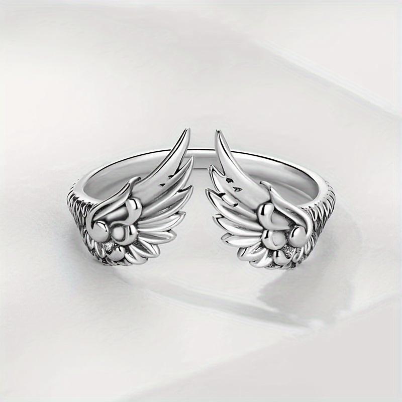 S925 Sterling Silver - Wings Open Ring - Simple Retro Guardian Feather - Finger Ring Hand Jewelry - 1pc