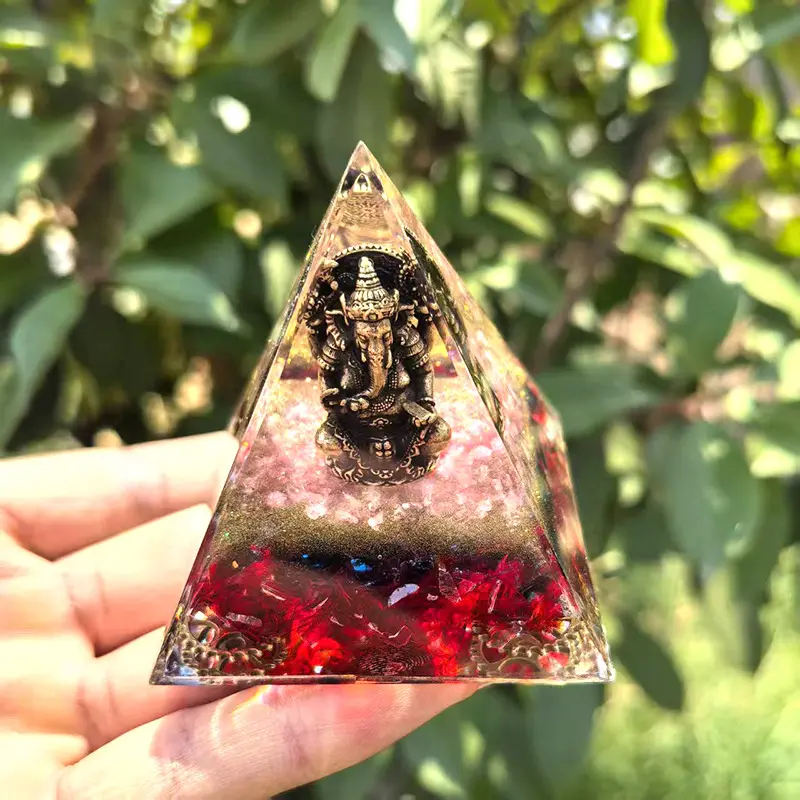 Ganesha Orgone Pyramid, Lord Ganesh Resin Crystal Chips Orgone Statue, Spiritual Elephant God Desk Ornament, Handmade Energy Healing Figurine, Home Office Tabletop Decor, Religious Spiritual Gift