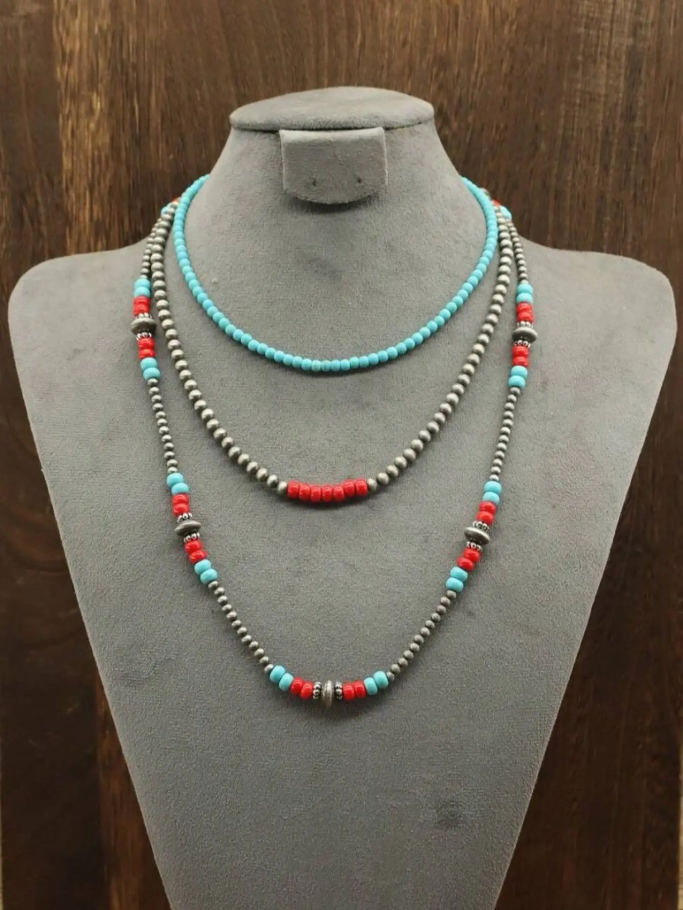 3Pcs Multi-Layer Beaded Necklace Set, Bohemian Vibrant Turquoise & Red Stackable Strand Necklaces, Vintage Ethnic Daily Casual Women Accessory Aesthetic