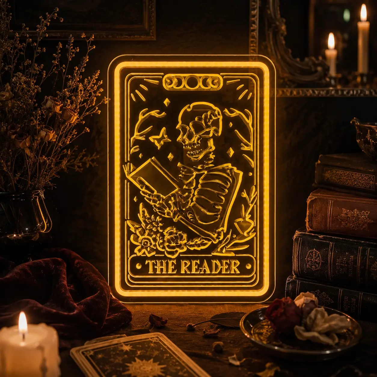 1pc The Reader Neon Sign, Gothic Book Lover Style LED Wall Light, Amber Yellow Acrylic Hanging Decor with Skeleton Reading Card Design, USB Powered Room Lamp for Bedroom, Library, Study Room, Dorm, Coffee Bar, Gift for Readers and Dark Academia Wall Decor