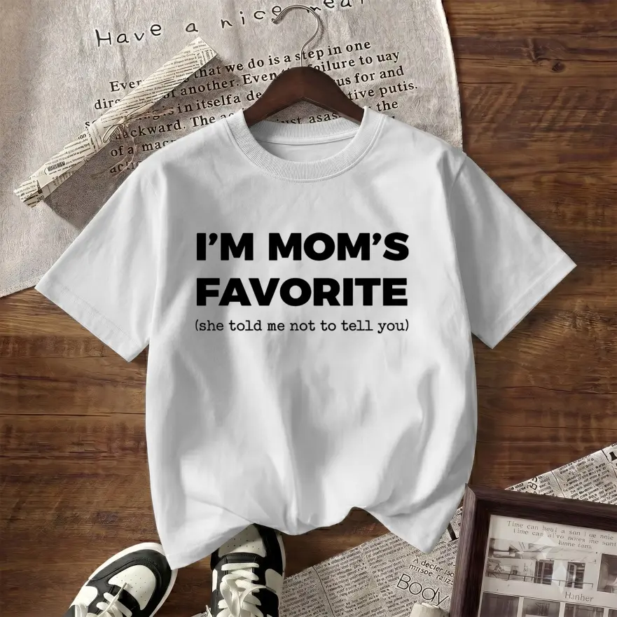 Men's 100% Cotton "I'm Mom's Favorite Son/Daughter" Graphic Print Crew Neck Short-Sleeve Tshirt, Casual Loose Relaxed Fit Streetwear Top, Soft Breathable Menswear for Daily Summer Wear, Hand Wash, Do Not Dry Clean