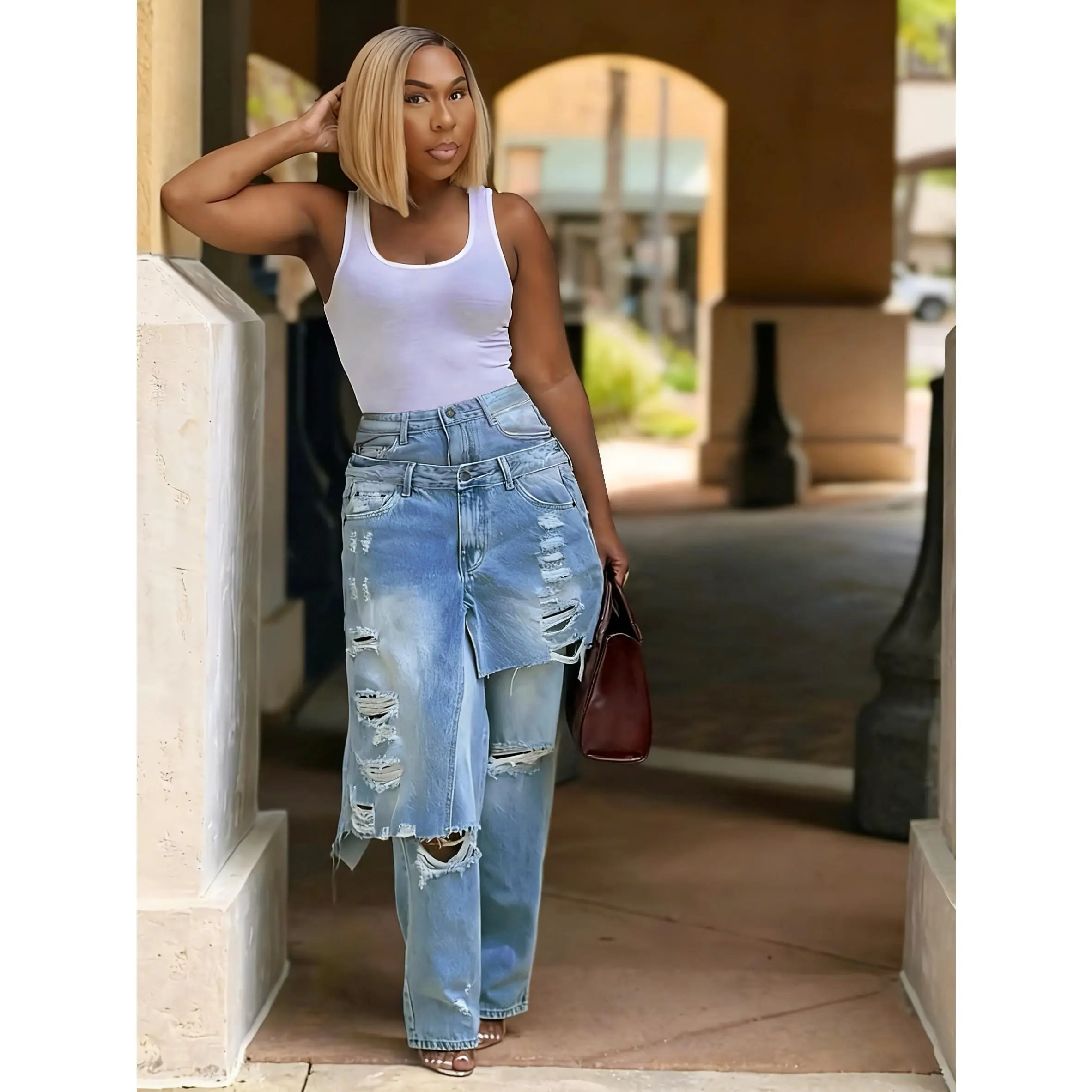 Women's High Waist Wide Leg Ripped Jeans - Asymmetrical Burr Pants Spliced Jeans, No Belt Button Closed, Straight A-Cut, Suitable for Autumn and Winter Casual Wear (Machine Washable) - Personalized Jeans with Denim Jacket