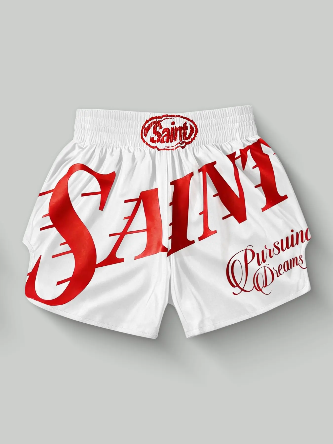American Vintage Large Red Script Letter Muay Thai Boxing Shorts, White Base SAINT Script Graphic Boxing Sports Shorts, Unisex Street Fight Trendy Shorts, Sports Training, Music Festival Outfit, Anniversary Gift