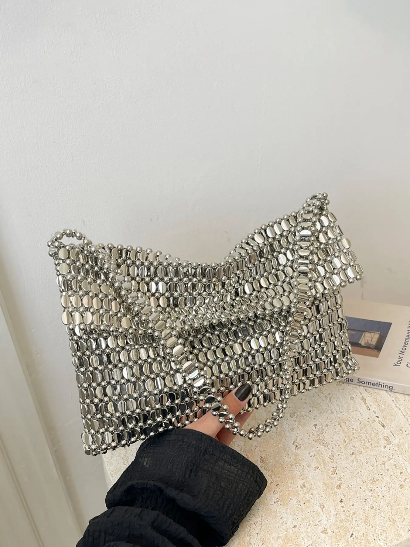 1pc Ladies' metallic bead handbag, with a glossy hollow design, comes with a sparkling luster, suitable for dinners, parties, dates, Glitter Evening Bag, Bling Crossbody Bag, Fashion crossbody bags