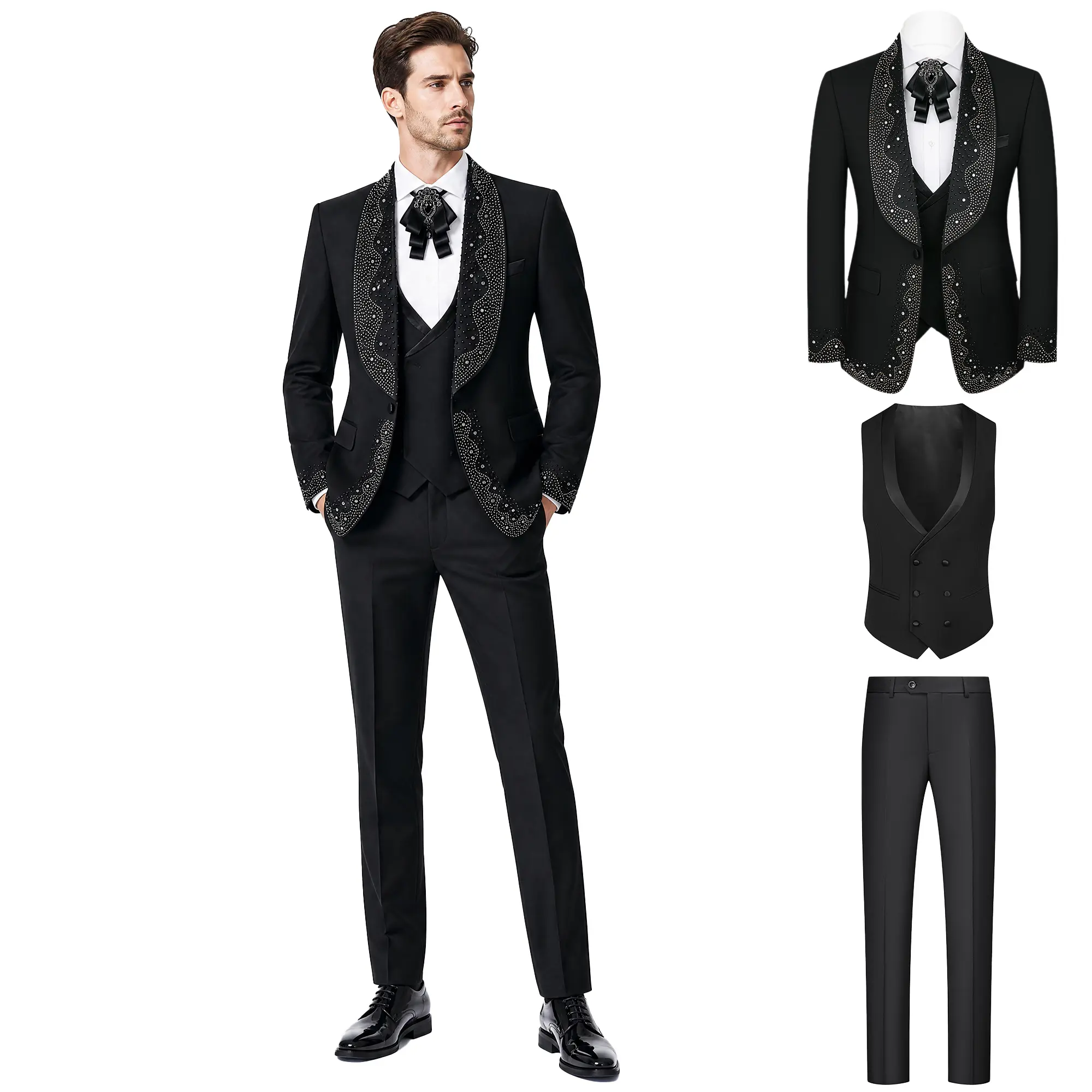LIVEZOU Men's 3-Piece Rhinestone Rayon Tuxedo Suit - 3pc Coordinated Set, Slim Fit, Shawl Lapel, Long Sleeve Button Blazer, Formal Menswear for Prom, Wedding