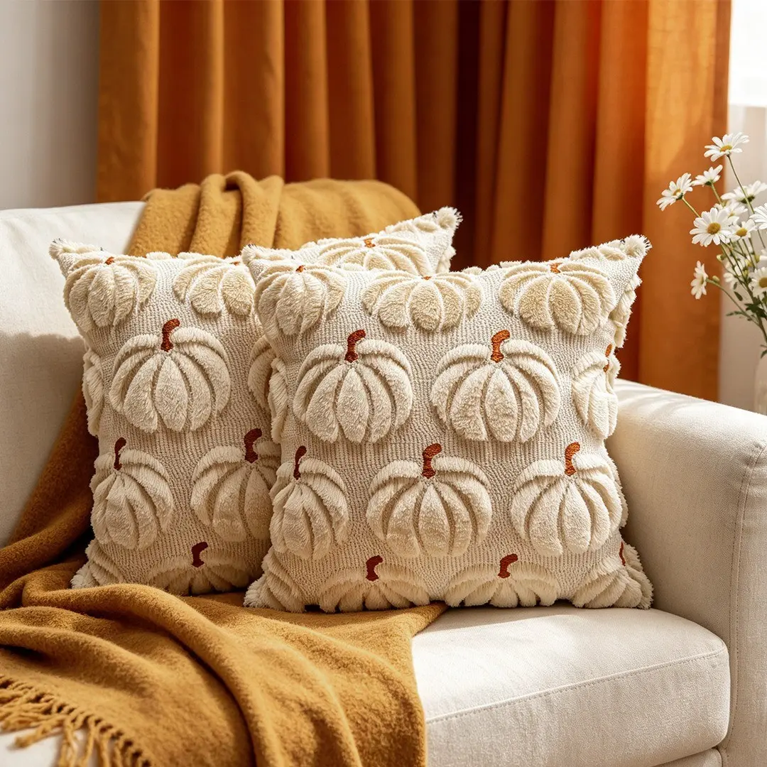 2-Pack Autumn Pumpkin Cushion Covers, with Stems, Ideal for Living Room Sofa, Halloween Thanksgiving Christmas Party Decor, Cushion Slipcovers