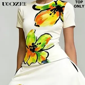 UOOZEE Women's Silky Lightweight Polyester Spandex Short-Sleeve Crew Neck Slim-Fit T-Shirt - Vibrant Abstract Floral Print, Casual Office Blouse, Top Only, Size Up for Full Bust