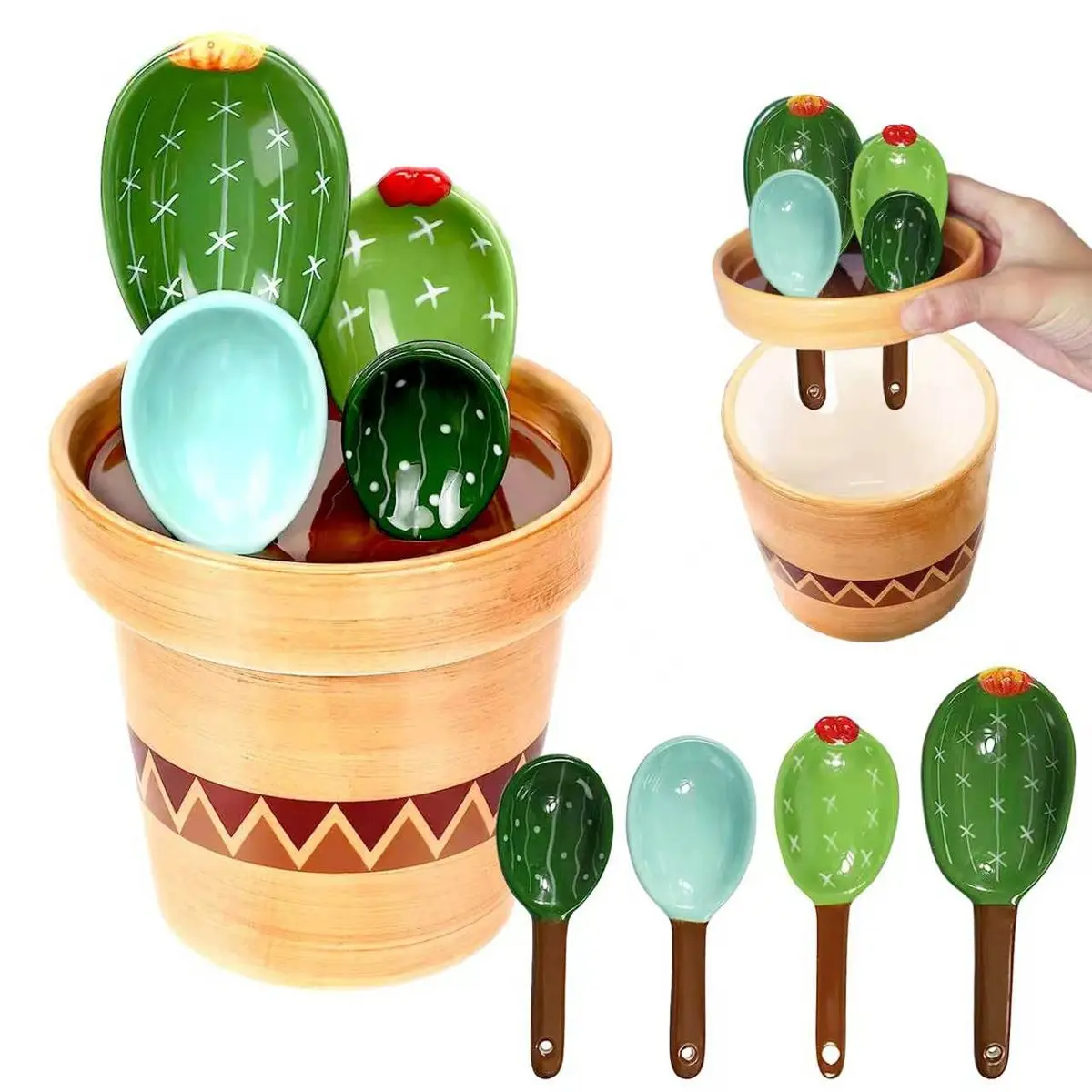 4pcs Cactus Measuring Spoons in Pot, Cute Ceramic Measuring Spoons and Cups, Kitchen Measuring Utensils, Food Measuring Tool, Kitchen Cacti Spoon with Holder, Baking Measuring Cups Ornaments Gift