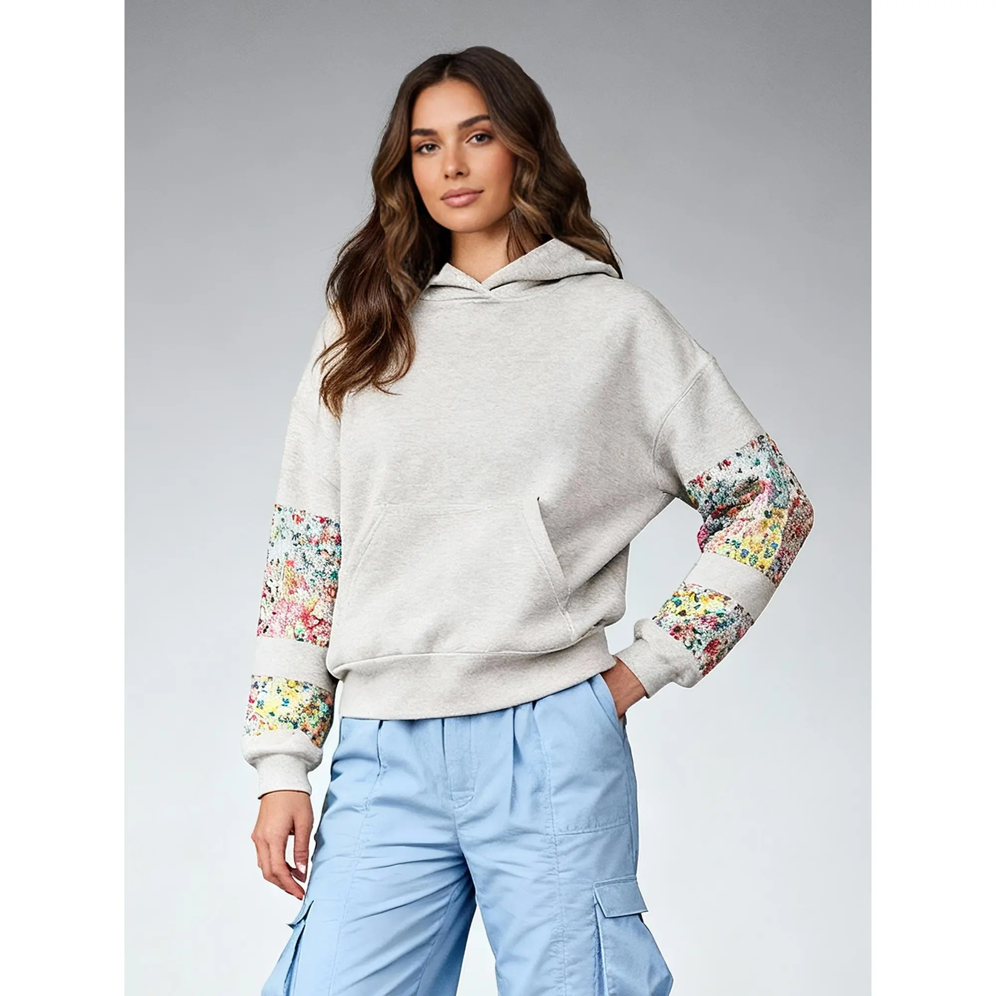 Womens Hooded Sweatshirt Long Sleeve Floral Print Patchwork Casual Loose Fit Tops with Pocket