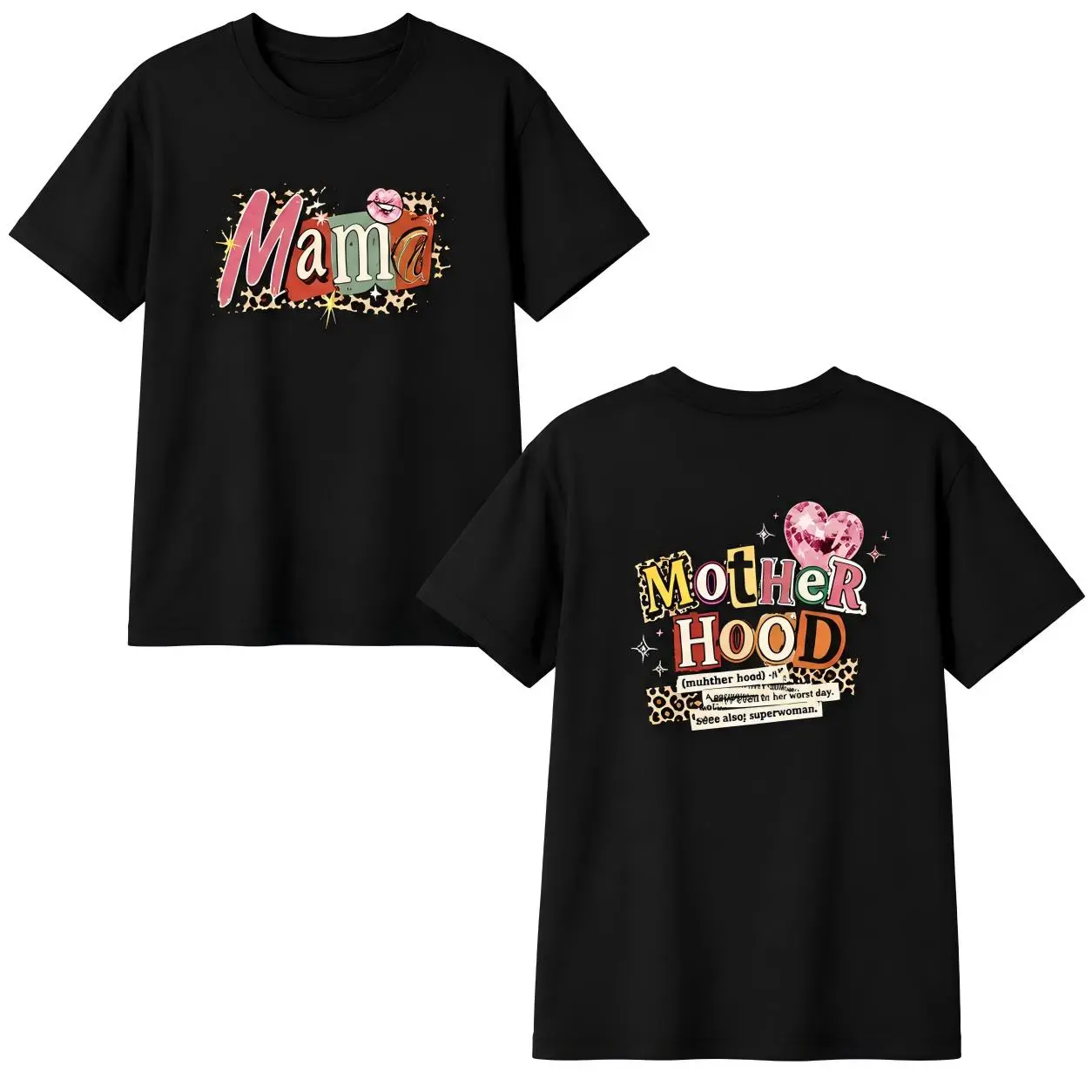Mothers Day Mom Tee – Double-Sided Print, Motherhood, Leopard Print, Colorful Mom Life, Ransom Letter. Lovely Gift For Mom Wife