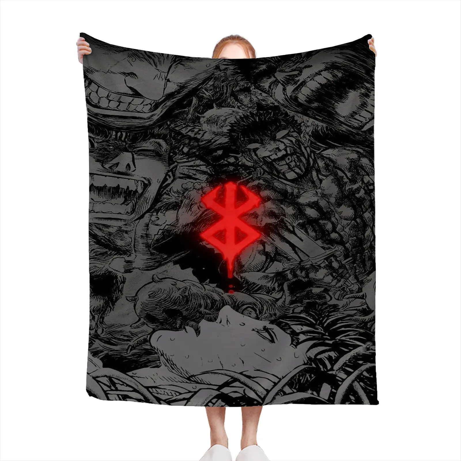 Soft Cozy Throw Blanket Flannel Red Rune Pattern Printed Warm Winter Home Decor Gift For Anime Fans Berserk-3