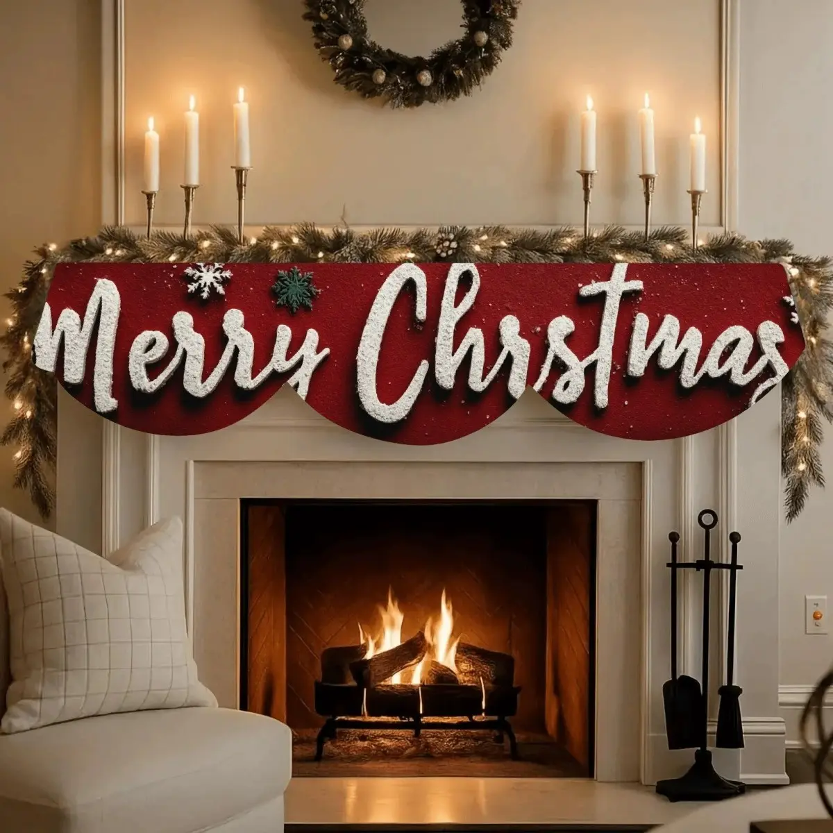 Christmas Fireplace Scarf, Merry Christmas Theme, Ideal for Living Room and Kitchen Decor, Perfect Holiday Decoration