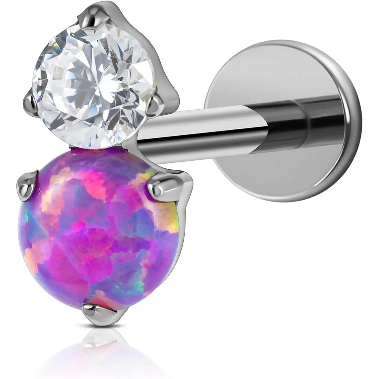16G Opal Top Cartilage Earring, ASTM F136 Titanium Internally Threaded Flat Back Stud with 6mm & 8mm Bars, Nickel-Free, Single Count Anniversary Gift