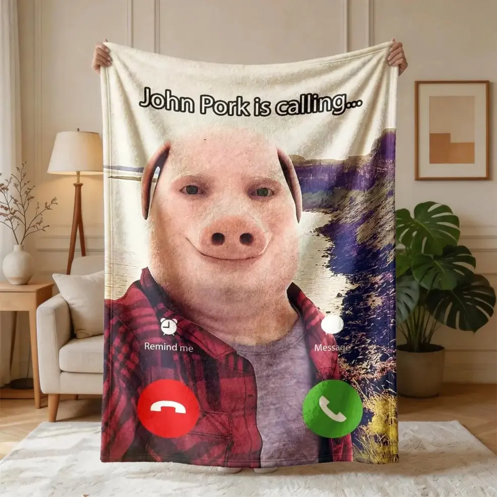 John Pork Funny Calligraphy Theme Flannel Blanket, Soft Throw Blanket, Baby Blankets and Adult Blankets, Large Size, Soft and Lightweight, Perfect for All Seasons, Cozy Decor Blanket for Couch, Bed, Ideal Holiday Gift for Family birthday gift