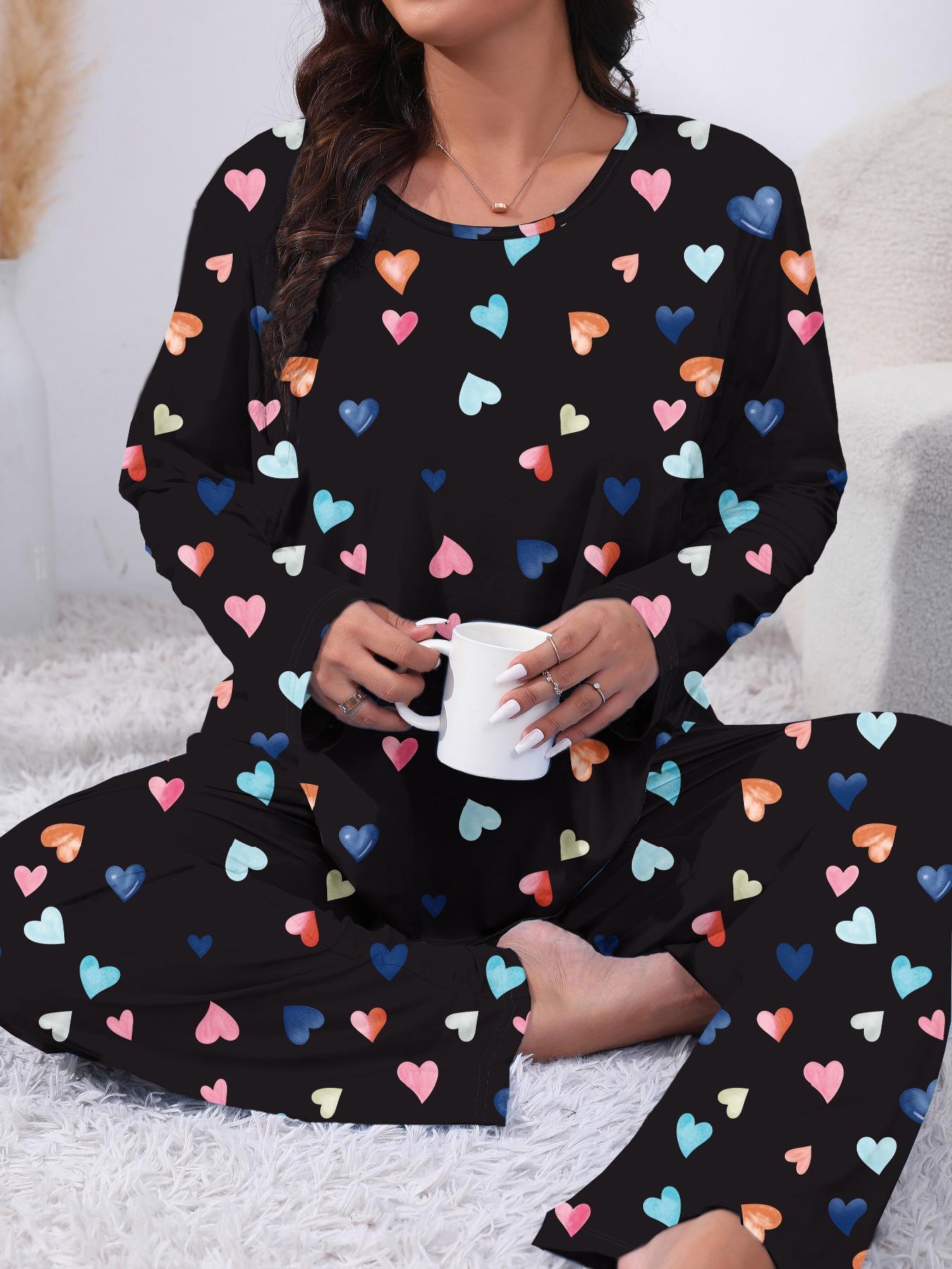 Plus Size Two-Piece Matching Heart Print Knit Pajama Set, Casual Fitted Long Sleeve Round Neck Tee & Pants, Women's Plus Sleepwear, Loungewear & Homewear for Spring & Fall, Pyjamas, Pjs, Pajamas Sets