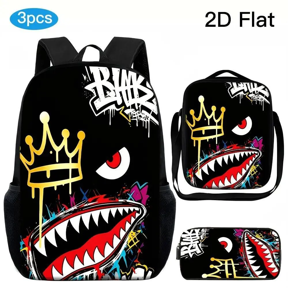 Men's 3-Piece Pattern Backpack Set - High-Capacity, 2D Slanted Print Smiley Face, Adjustable Straps, Lunch Bag, Pencil Case, Prop 65 Safe Backpacks for School, Camping