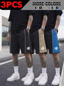 Men's 3-Pack Casual Sport Shorts, Fashion Print, Lightweight Breathable Fabric, Simple Versatile Design, Side Roll Bar, Ideal for Daily Wear, Breathable Workout Shorts