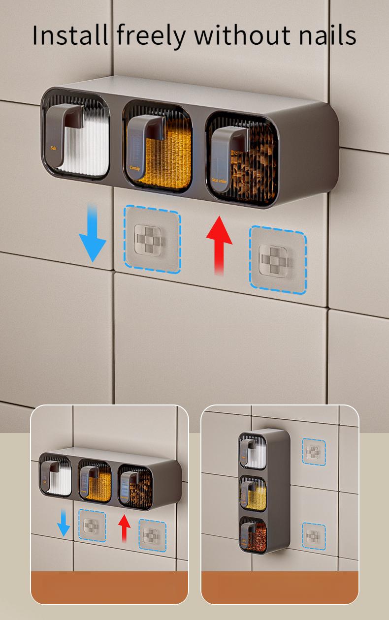 Wall-Mounted Integrated Multi-Compartment Spice Box Set Kitchen Household Moisture-Proof Storage Salt MSG Plastic Jar Organizer